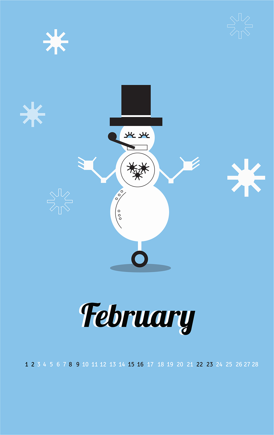 Robot Snowman February Linear Calendar