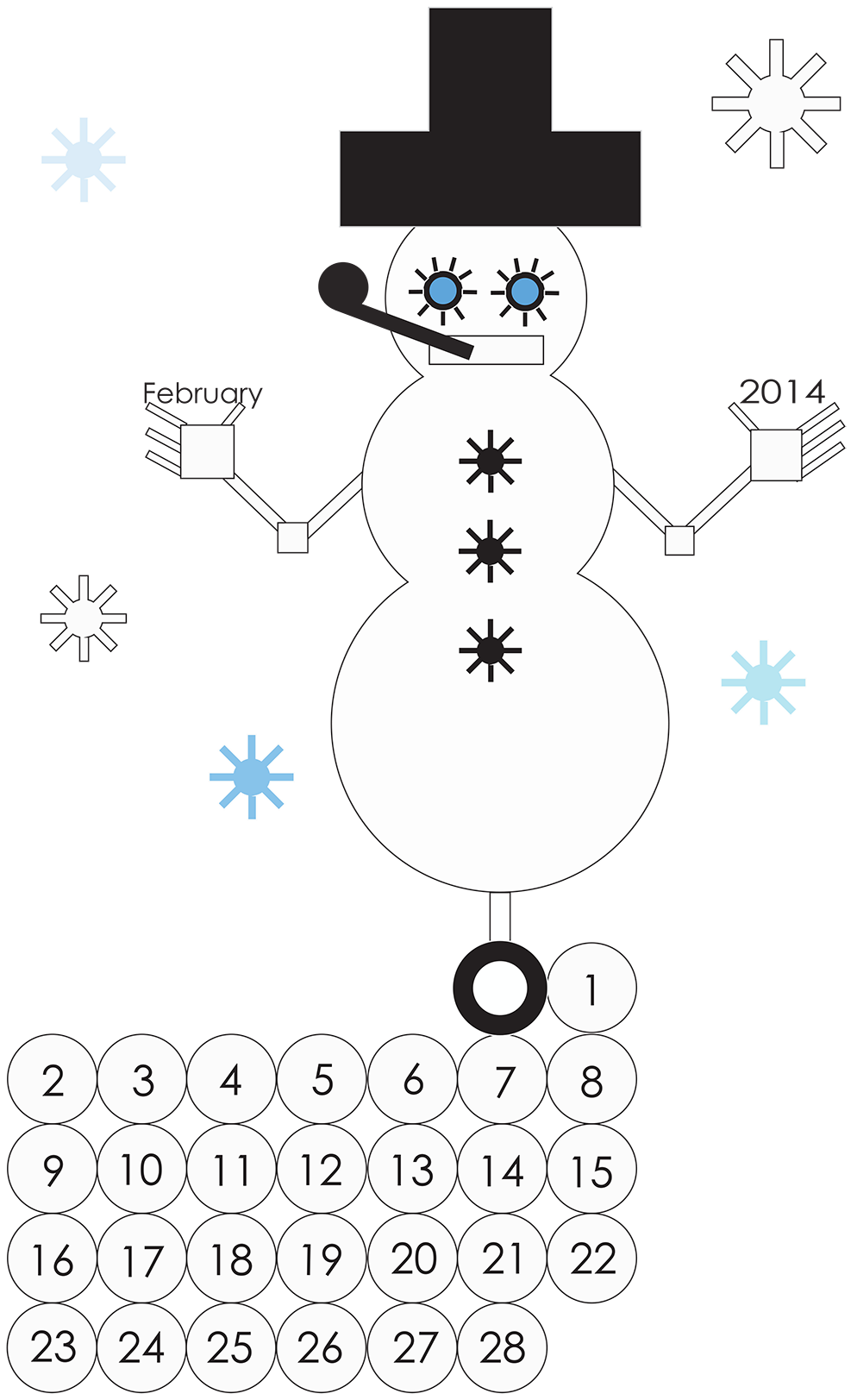 Robot Snowman February Calendar with snowballs